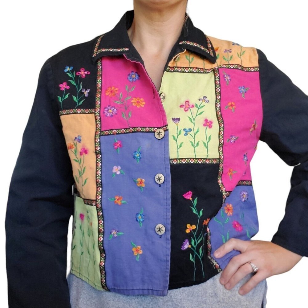 Vintage 90s Semi-cropped Floral Embroidered Patchwork Jacket Black‎ Medium